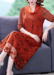 Stylish Orange Turtle Neck Embroidered Tulle Vacation Dresses Spring