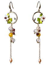 Stylish Overgild Gem Stone Chalcedony Crystal Pearl Cloisonne Shell Flower Metal Drop Earrings