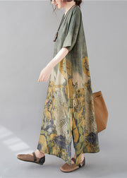 Stylish Peacock Green V Neck Side Open Print Maxi Dresses Short Sleeve