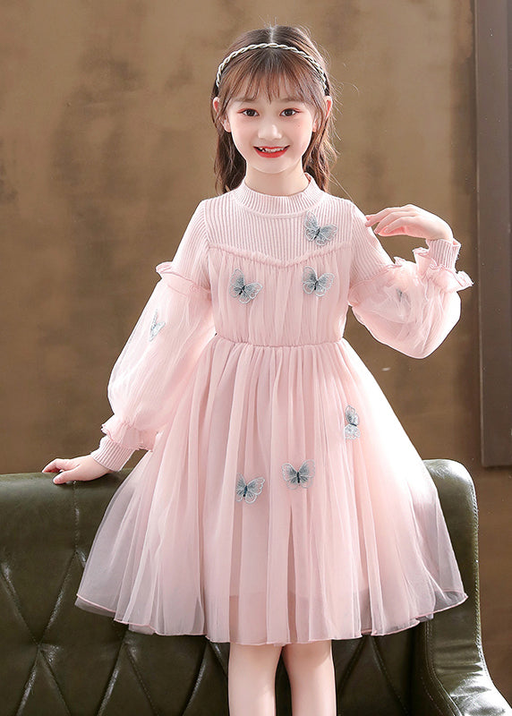 Stylish Pink Butterfly Patchwork Tulle Baby Girls Dress Fall