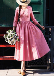 Stylish Pink Button V Neck Mid Summer Cotton Dress - bagstylebliss
