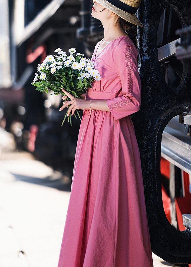 Stylish Pink Button V Neck Mid Summer Cotton Dress - bagstylebliss