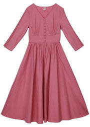 Stylish Pink Button V Neck Mid Summer Cotton Dress - bagstylebliss