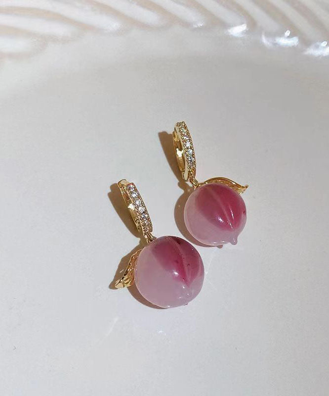 Stylish Pink Copper Zircon Resin Honey Peach Drop Earrings