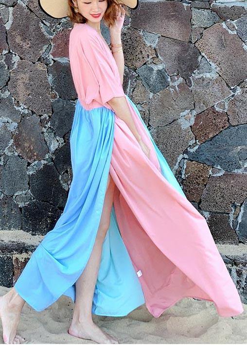 Stylish Pink Patchwork Blue Cotton side open Beach Gown Dresses - bagstylebliss