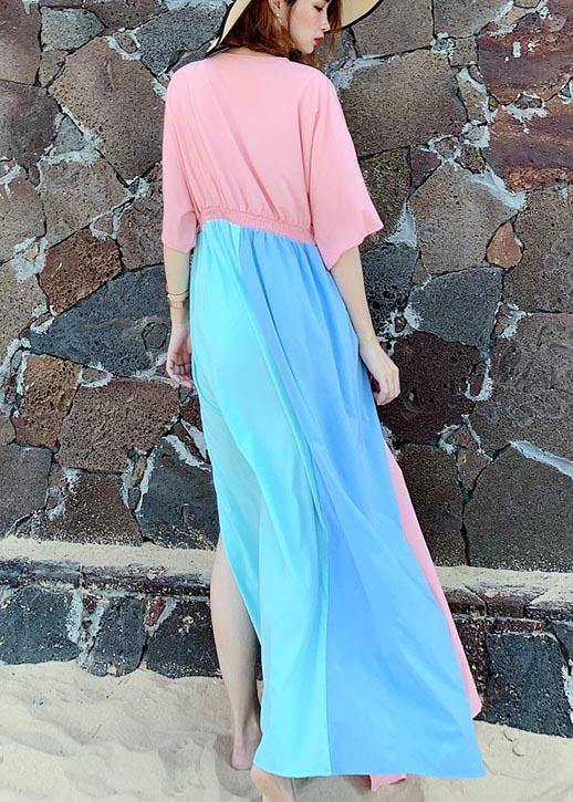 Stylish Pink Patchwork Blue Cotton side open Beach Gown Dresses - bagstylebliss