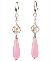 Stylish Pink Sterling Silver Alloy Water Drop Chalcedony Drop Earrings