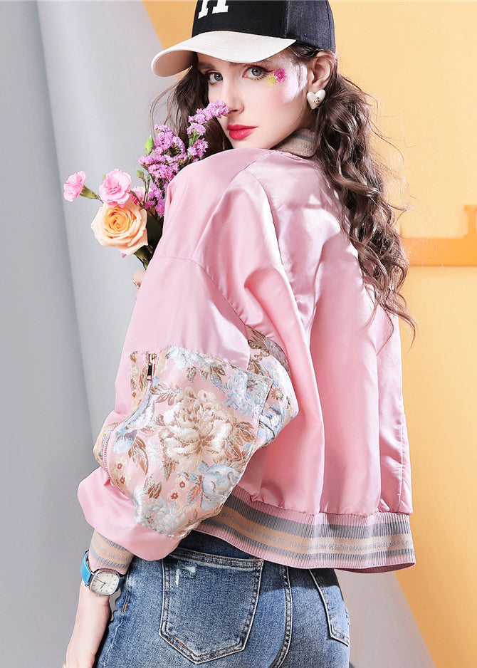 Stylish Plus Size Pink Pockets Print Patchwork Jackets Fall