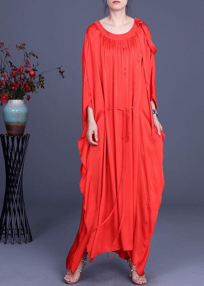 Stylish Red Batwing Sleeve Tie Waist Silk Summer Dress - bagstylebliss