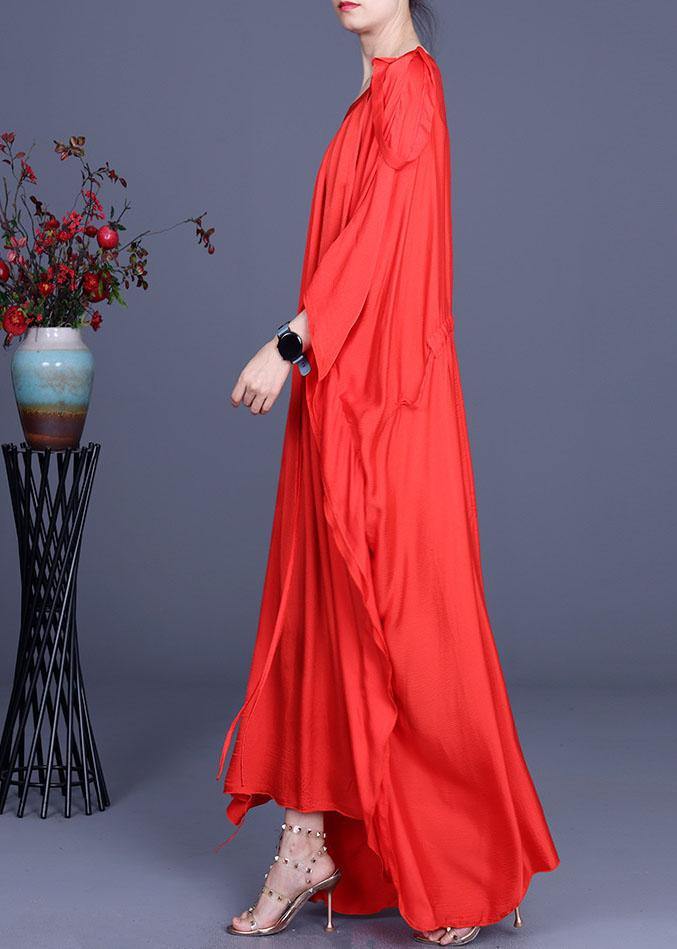 Stylish Red Batwing Sleeve Tie Waist Silk Summer Dress - bagstylebliss