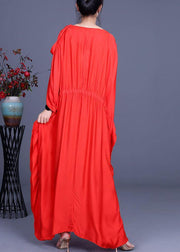 Stylish Red Batwing Sleeve Tie Waist Silk Summer Dress - bagstylebliss