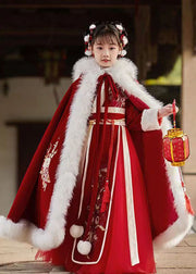 Stylish Red Embroidered Fuzzy Fur Fluffy Girls Hooded Cloak And Long Dress Two Pieces Set Long Sleeve