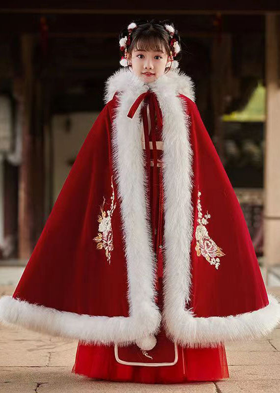 Stylish Red Embroidered Fuzzy Fur Fluffy Girls Hooded Cloak And Long Dress Two Pieces Set Long Sleeve