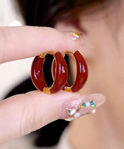 Stylish Red Inlaid Gem Stone Hoop Earrings