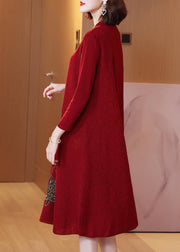 Stylish Red O-Neck Embroidered Knit Sweater Dress Spring