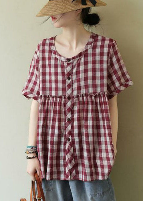 Stylish Red Ruffled Plaid Cotton Blouse Tops Half Sleeve