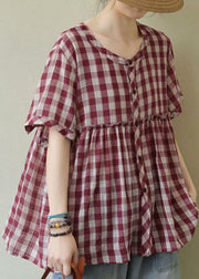 Stylish Red Ruffled Plaid Cotton Blouse Tops Half Sleeve