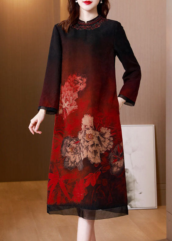 Stylish Red Stand Collar Print Silk Long Dress Spring