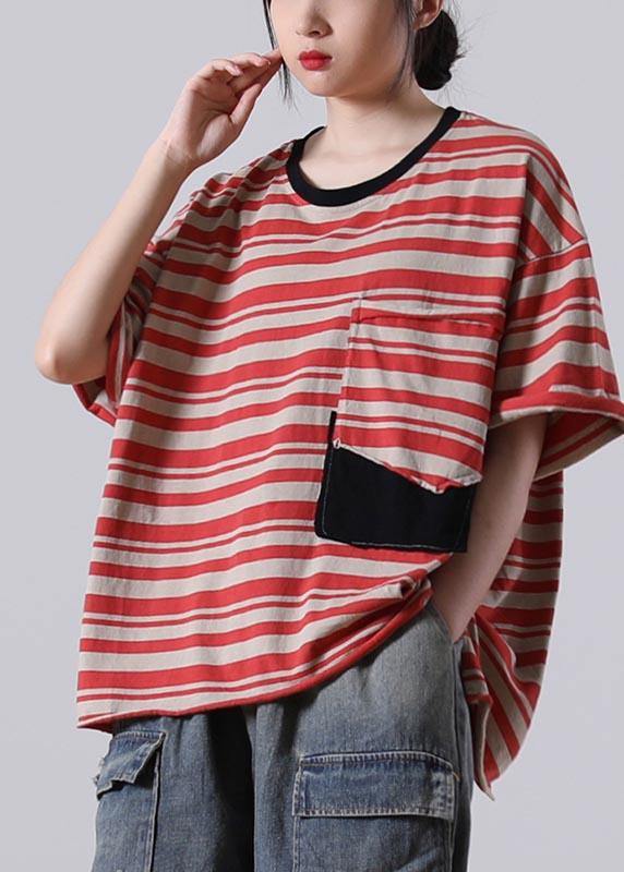 Stylish Red Striped O-Neck Cotton Summer Tops - bagstylebliss