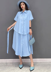 Stylish Solid Blue Peter Pan Collar Patchwork Chiffon Fake Two Piece Shirt Dresses Short Sleeve