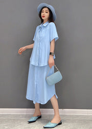 Stylish Solid Blue Peter Pan Collar Patchwork Chiffon Fake Two Piece Shirt Dresses Short Sleeve