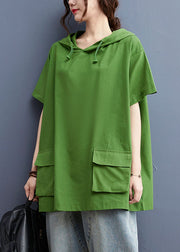 Stylish Solid Green Drawstring Hooded Pockets Cotton Loose Sweatshirt Tops Short Sleeve