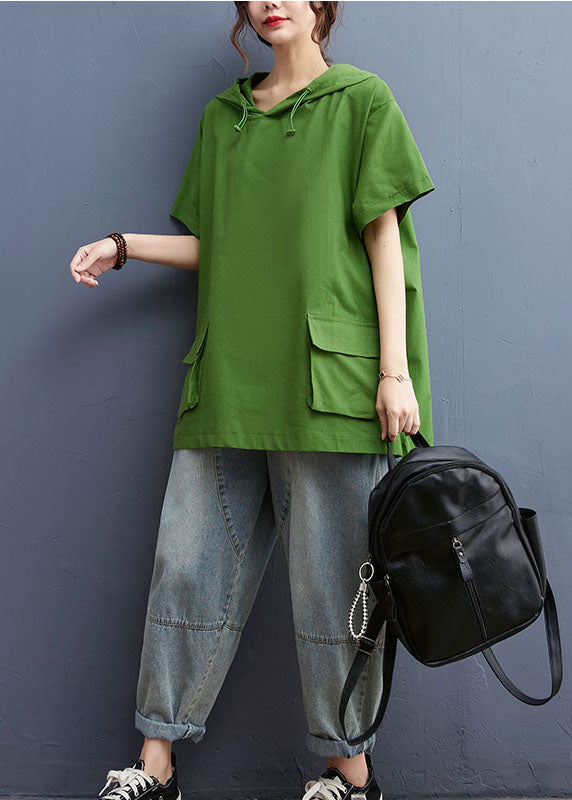 Stylish Solid Green Drawstring Hooded Pockets Cotton Loose Sweatshirt Tops Short Sleeve