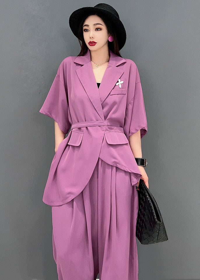 Stylish Solid Purple Notched Collar Tie Waist Low High Design Chiffon Two Pieces Set Summer