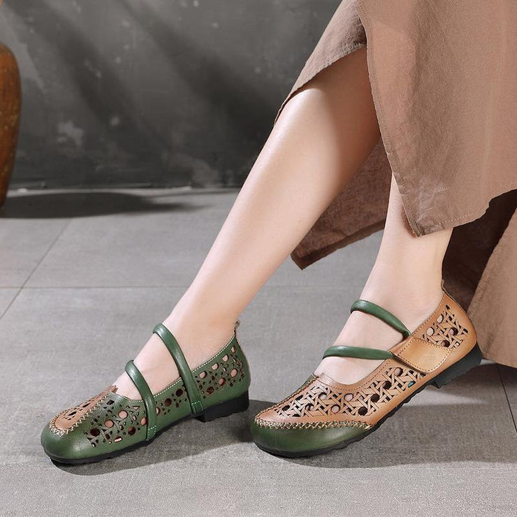 Stylish Splicing Loafers Green Genuine Leather Flat Sandals - bagstylebliss