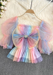 Stylish Square Collar Bow Tulle Chiffon Tops Puff Sleeve