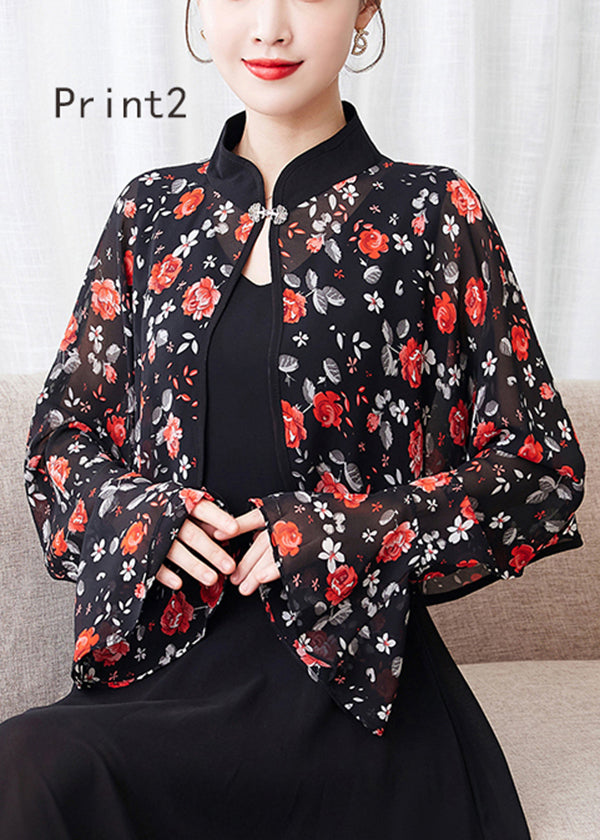 Stylish Stand Collar Print Patchwork Chiffon Cape Flare Sleeve