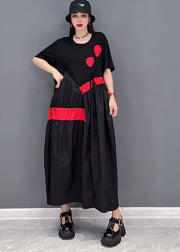 Stylish Streetwear Black Drawstring Asymmetrical Patchwork Cotton Pleated Dresses Short Sleeve