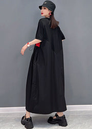 Stylish Streetwear Black Drawstring Asymmetrical Patchwork Cotton Pleated Dresses Short Sleeve