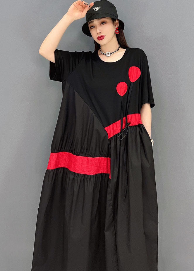 Stylish Streetwear Black Drawstring Asymmetrical Patchwork Cotton Pleated Dresses Short Sleeve