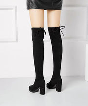 Stylish Versatile Black Knee Boots Chunky Heel Suede