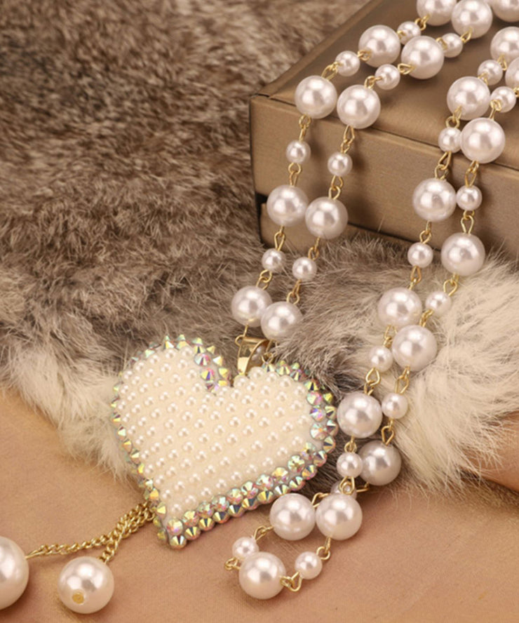 Stylish White Copper Overgild Pearl Love Tassel Pendant Necklace