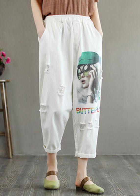 Stylish White Print High Waist Hole Harem Cotton Pants - bagstylebliss