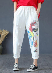 Stylish White Print High Waist Hole Harem Cotton Pants - bagstylebliss