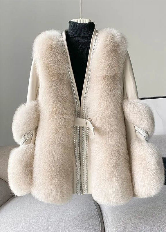 Stylish White V Neck Patchwork Mink Hair Coats Winter