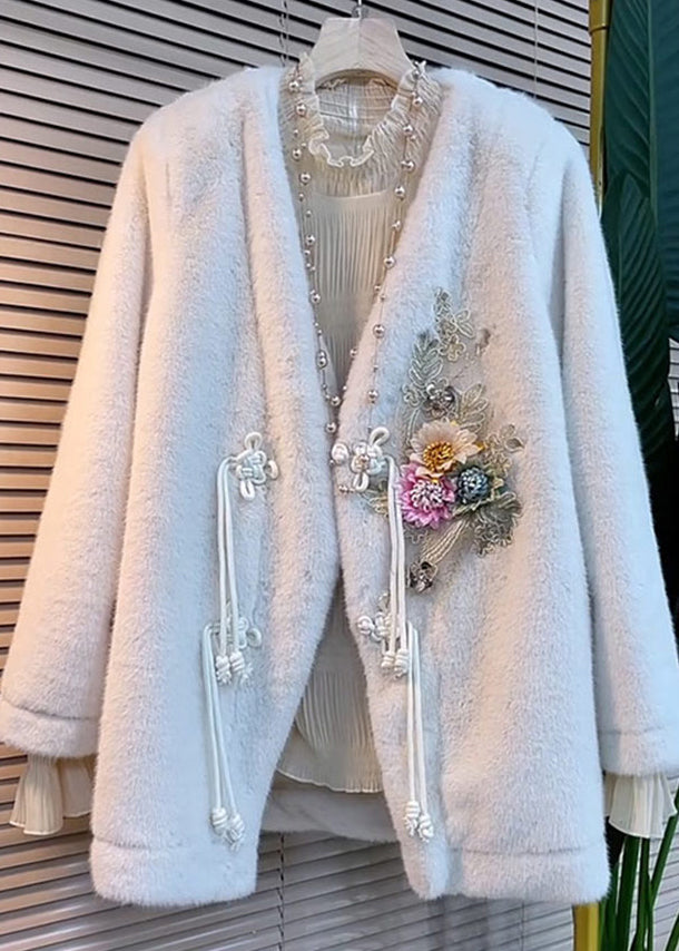 Stylish White V Neck Tasseled Floral Decorated Faux Fur Jacket Winter