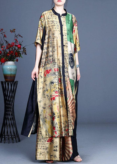 Stylish Yellow Asymmetrical Design retro Print Summer long shirts Two Pieces Set - bagstylebliss