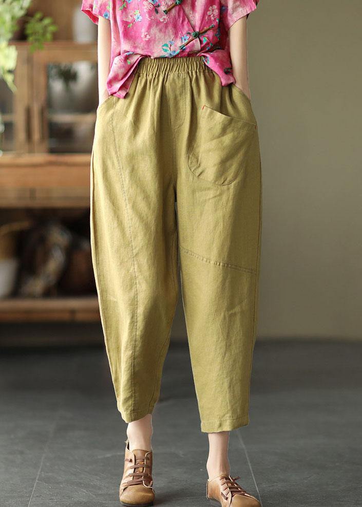 Stylish Yellow Linen Pockets Patchwork Summer Pants - bagstylebliss