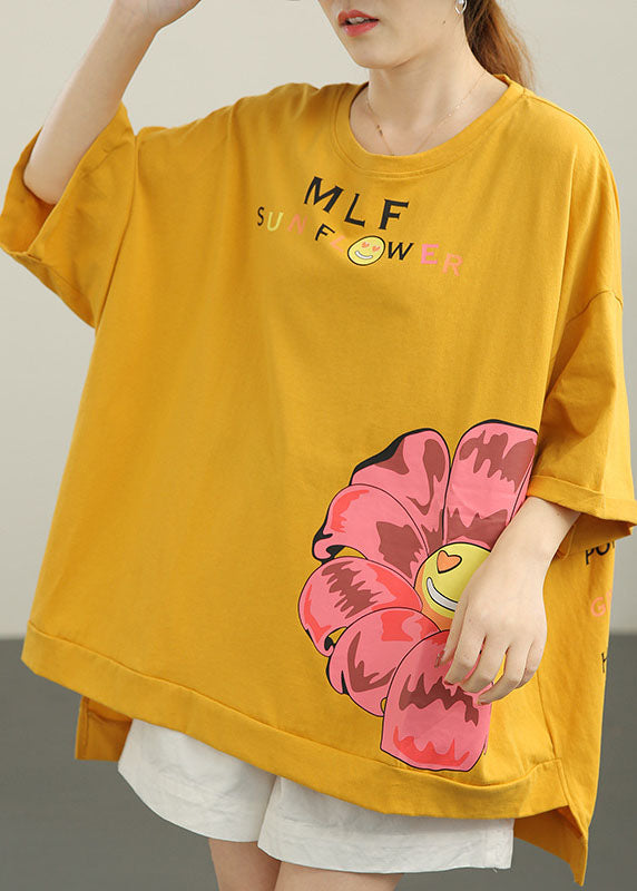 Stylish Yellow Loose O-Neck Print low high design Fall Tee Half Sleeve