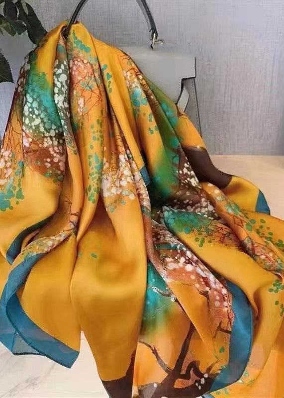 Stylish Yellow Print Silk Scarf Shawl