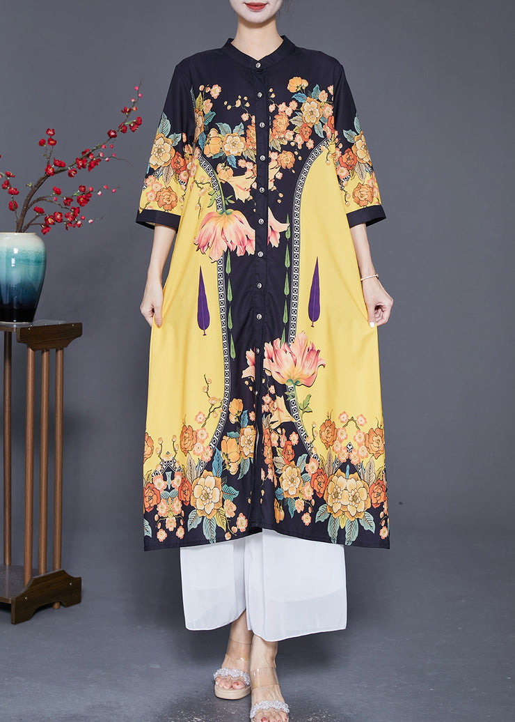 Stylish Yellow Print Stand Collar Silk Shirt Dresses Summer