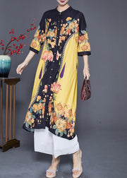 Stylish Yellow Print Stand Collar Silk Shirt Dresses Summer