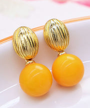 Stylish Yellow Sterling Silver Overgild Amber Beeswax Circular Drop Earrings