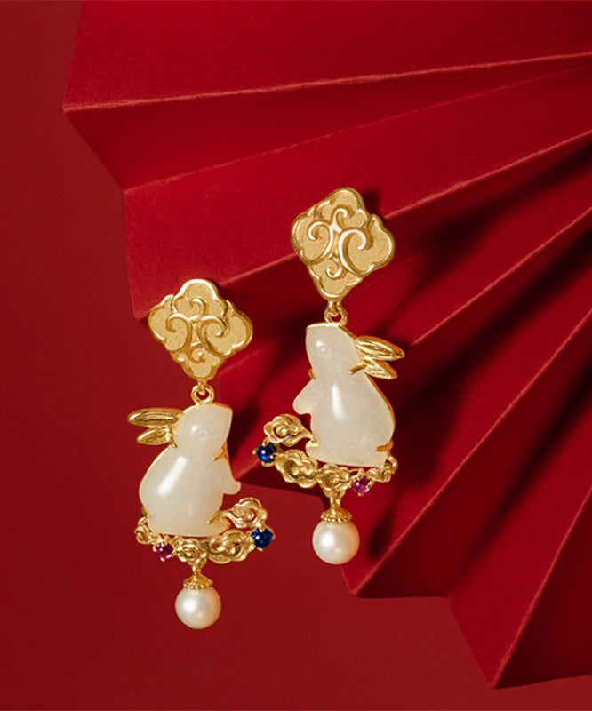 Stylish Yellow Sterling Silver Overgild Jade Pearl Xiangyun The Jade Hare Drop Earrings