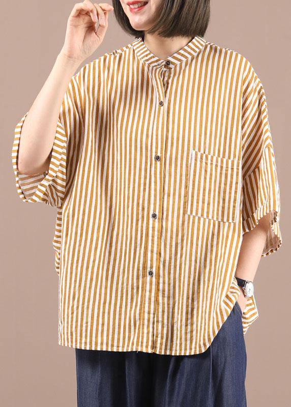 Stylish Yellow Striped low high design Half Sleeve Cotton Shirt Top Summer - bagstylebliss