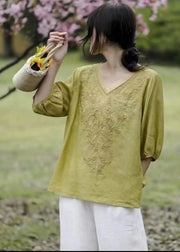 Stylish Yellow V Neck Embroidered Linen Top Half Sleeve